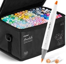 Ohuhu Alcohol Markers 168-color Double Tipped Brush & Chisel- Refillable Markers