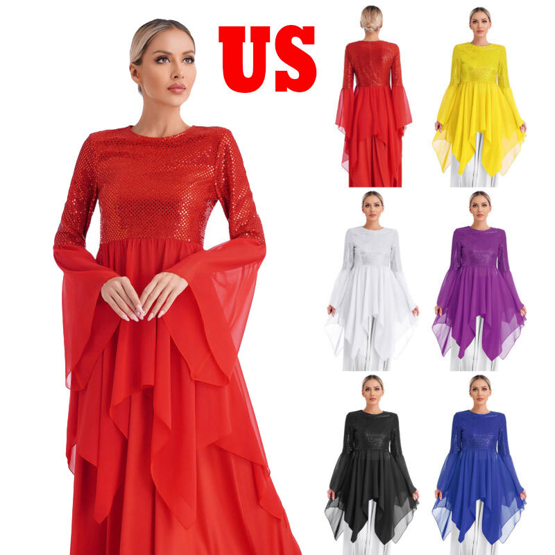 Womens Sparkly Chiffon Liturgical Praise Dance Tunic Irregular Hem