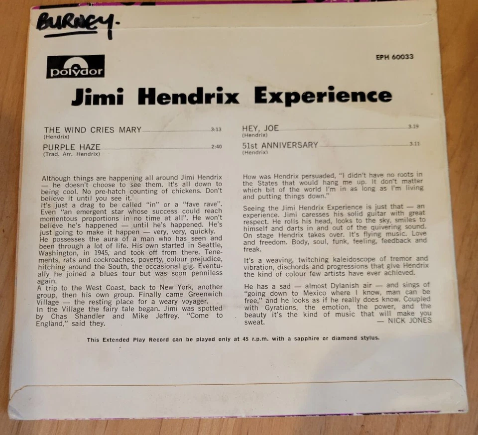 Jimi Hendrix  Wind Cries Mary ,Purple,Hey Joe, 51st   Australian EP  1967 MONO - Image 2 of 4