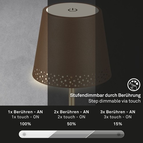 Cordless LED Table Lamp Rechargeable IP44 Dimmable Adjustable Height Brown Gold - Picture 3 of 9