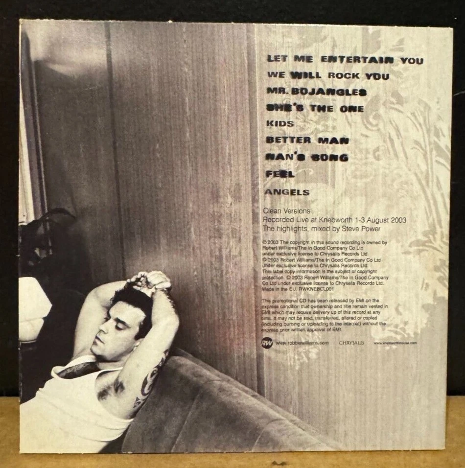 Robbie Williams - Live At Knebworth (CD, 2003) 9 Track Promo Only Sampler - Image 2 of 2