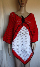 Poncho Crochet boho vintage 70s Cape GRANNY CORE red white handmade Lucky 14