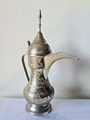 DALLAH KAFFEEKANNE 12,75" hoch Naher Osten Krug graviert zweifarbig NickelMessing? - Bild 5 von 12