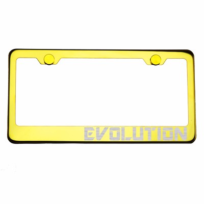 Gold Chrome License Plate Frame EVOLUTION Laser Etched Metal Screw Cap