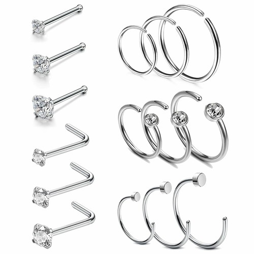 15PCS 20G Stainless Steel CZ L-Shaped Bone Pin Nose Ring Hoop Stud Body Piercing - Picture 10 of 16