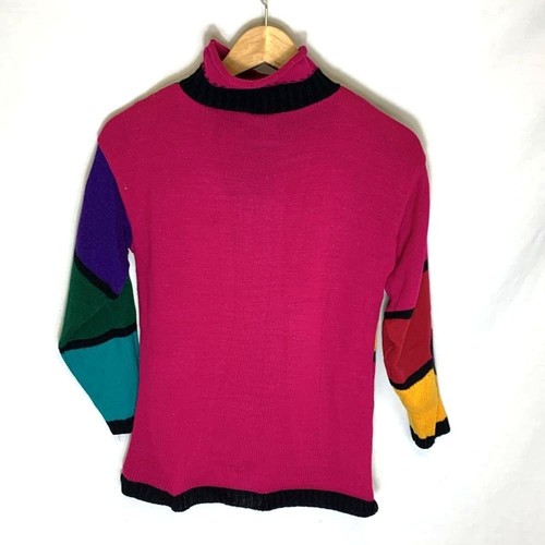 Vintage 80s Jet Set Colorful Geo Stained Glass Print Acrylic Rollneck Sweater L - Picture 4 of 10
