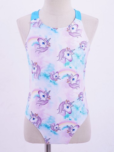 Kids Girls One Piece Print Swimsuit Sleeveless Criss Cross Back Bathing Suits - Picture 18 of 49