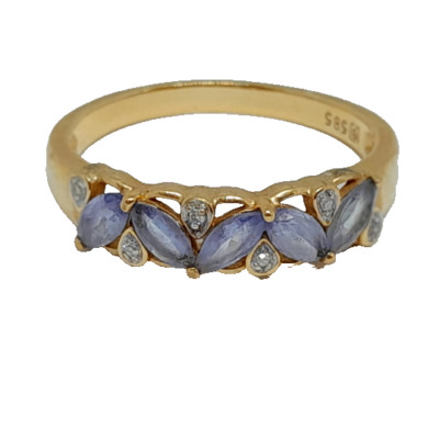 14K massiver Gelbgold Tansanit und Diamant Bandring 2,60 g Größe 8