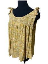 Cato Tank Top Women Sz 18/20W Yellow Boho Babydoll Floral Smocked Bow Tie