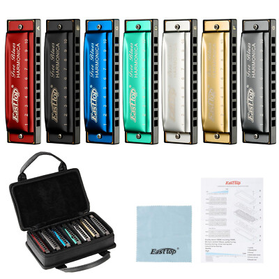EASTTOP Harmonica Set of 7 10Holes Blues Harp Diatonic Mouth Organ Harmonica Set