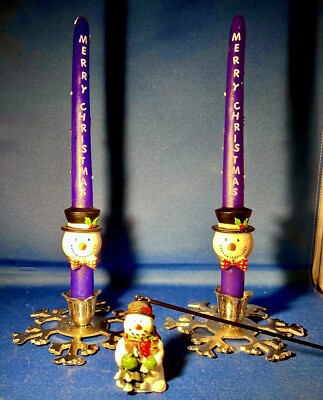 Awesome Winter Candle Set Snowflake Holders, 2 Taper Candles & Snowman Snuffer