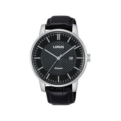 Lorus Herren Silber Dress Watch mit schwarzem Lederarmband & schwarzem Zifferblatt