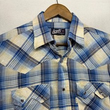 Vintage Levis Shirt Men's Medium Blue Western Pearl Snap Sawtooth Pockets 80s