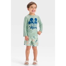 Disney Mickey Mouse Rash Guard Swim Set Boys 2T Green Palm Tree 2PC NWT