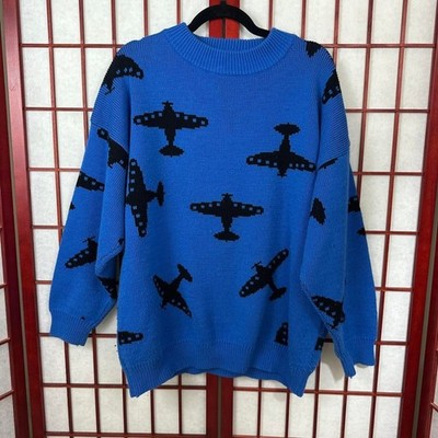 Vintage 80s Unique Funky Airplane Patterned Chunky Knit Blue Sweater Large