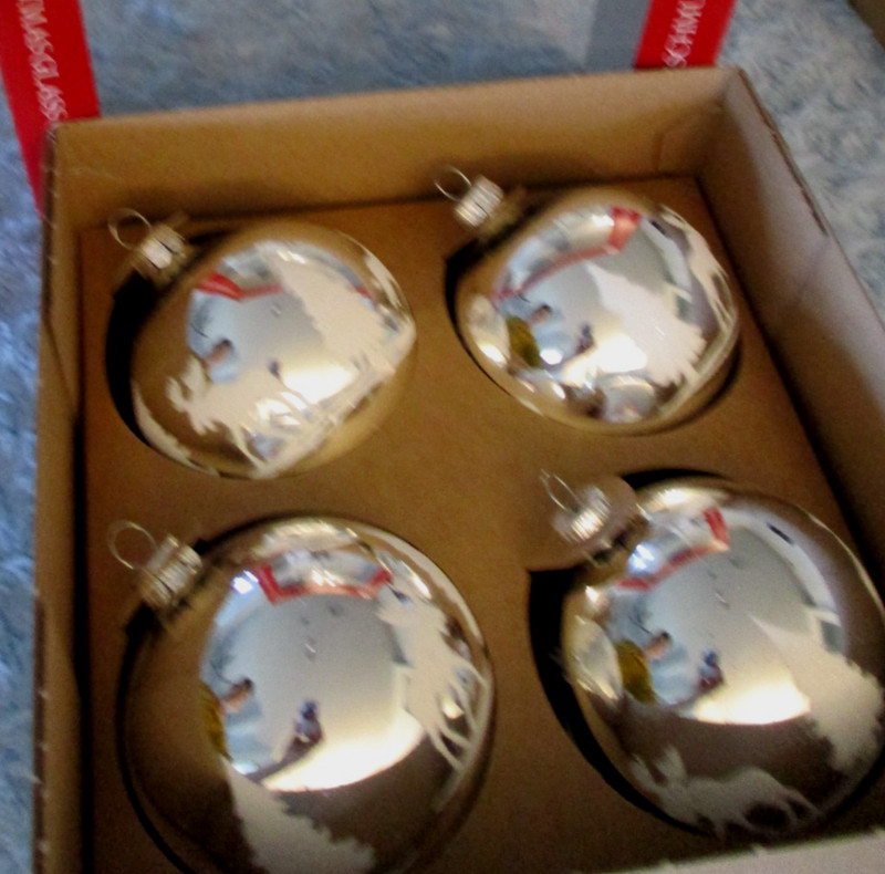 Vitbis Poland 4 Silver Christmas Ornaments White Flocked Trees & Moose NIB