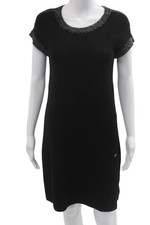 Chanel Women Sweater Dress Black Cotton Short Sleeve Mid Calf Size 36