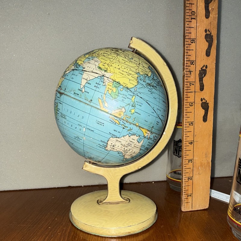 Chein Vintage Small Tabletop Globe Cradle Mount w/ Base Blue Yellow Beige