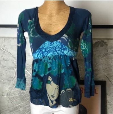 Desigual brand long sleeve green/blue blouse w/floral & graphic print  US S