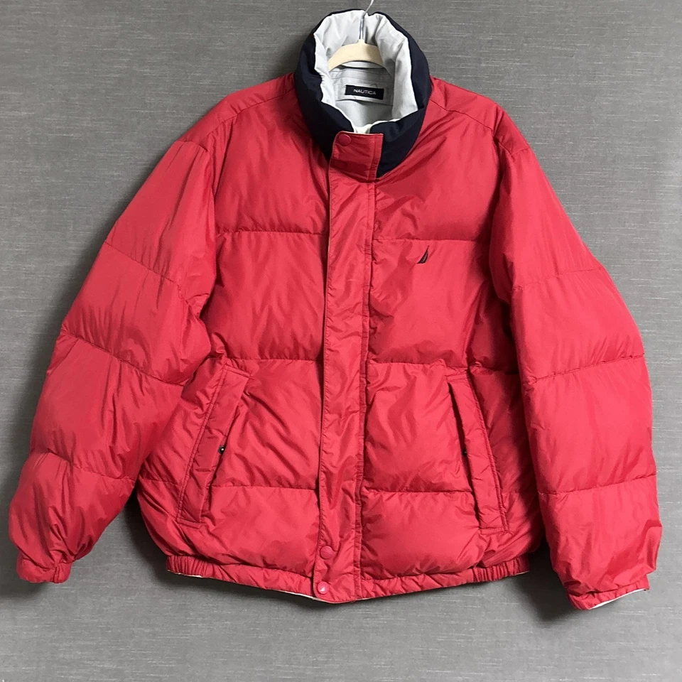 Vintage Nautica Puffer Jacket L Red Reversible Down Winter Coat 90s y2k Gorp - Image 2 of 4