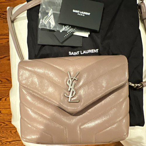 Saint Laurent Loulou Small Quilted Chevron YSL Taupe Silver Dust Bag Card