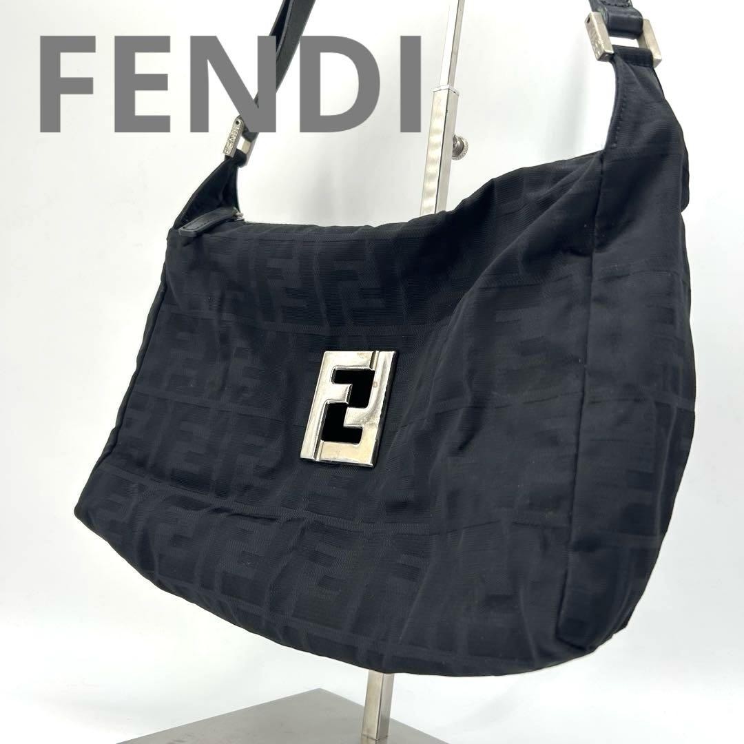 FENDI Black Canvas Zucca FF Shoulder Bag with Hardware I060251 Authentic