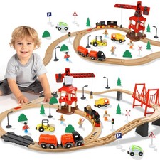 Wooden Train Set with Crane, 80-Pc Track, Bridges, Building Accessories, Ages 3 