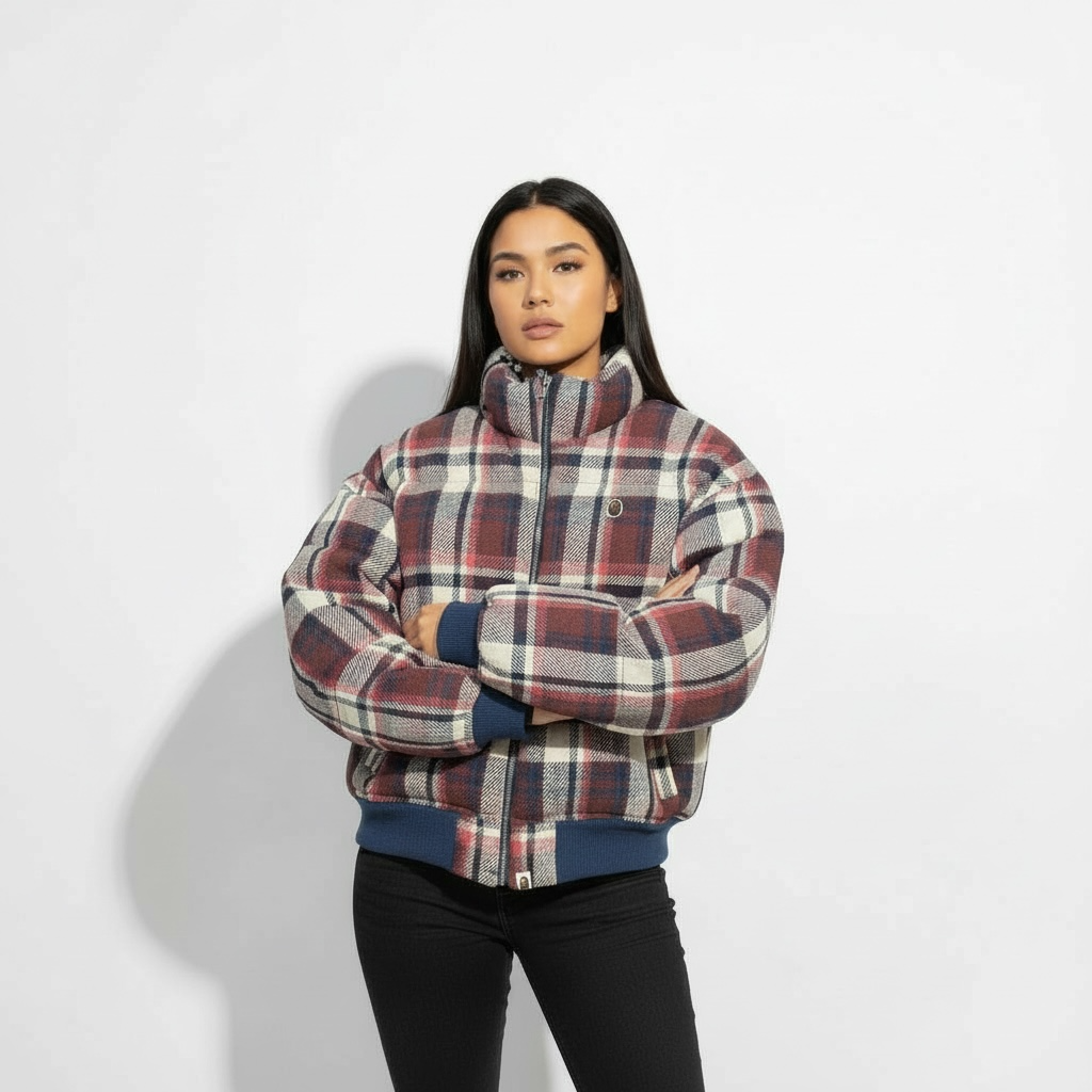 Bape Red & Beige Plaid Down Bomber Jacket M New