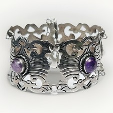 EARLY Vintage Marked Mexican Sterling Silver Amethyst Wide Panel Bracelet 56.9g