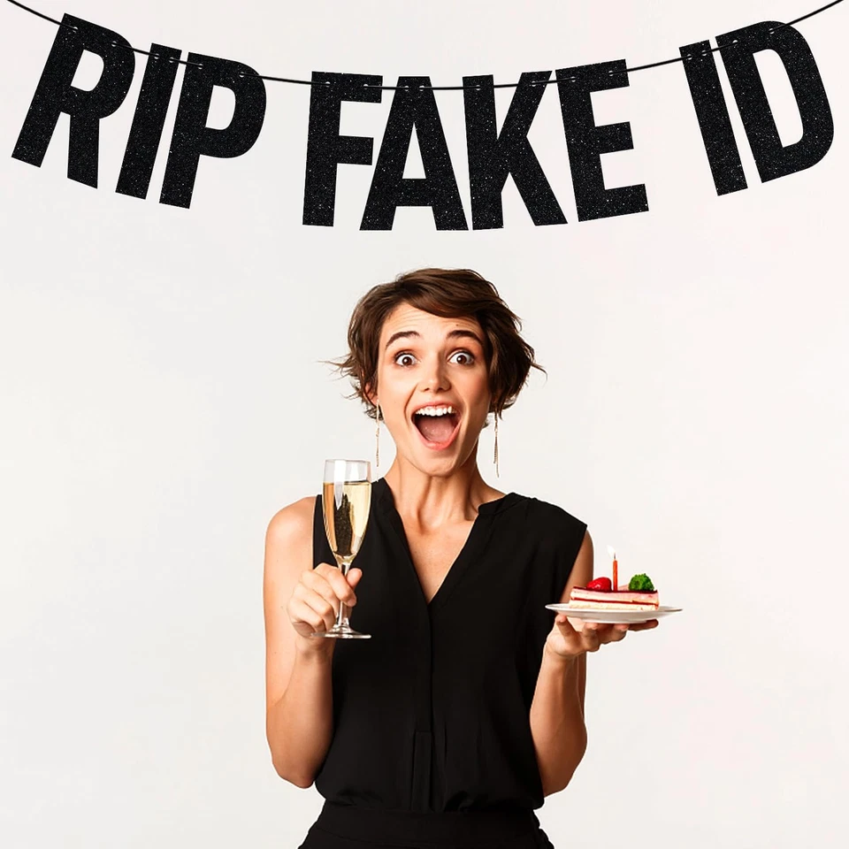 Banner de identificación falso negro brillante rasgado, 21 y legal/feliz 21 cumpleaños/chica caliente HBD, F Foto 3 de 4