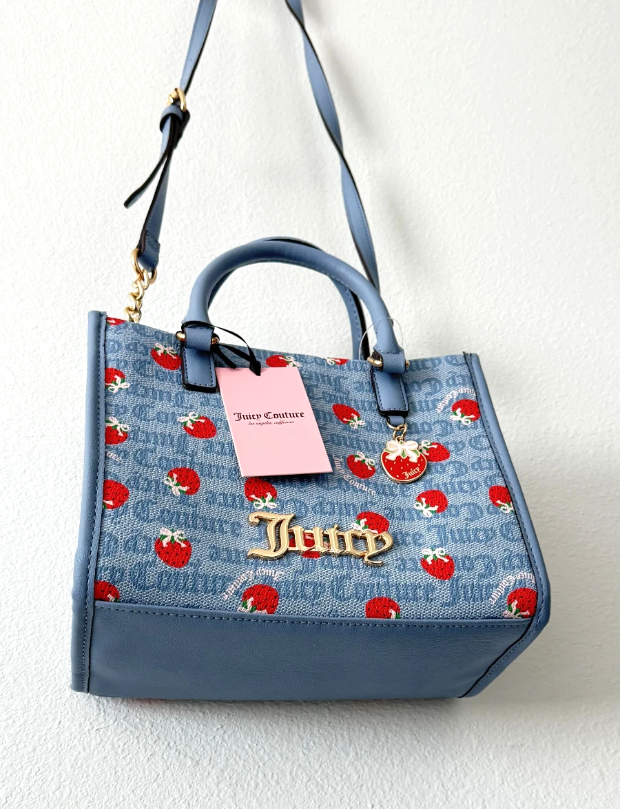 Juicy Couture Strawberry Print Bag Satchel Monogram Logo Blue NWT