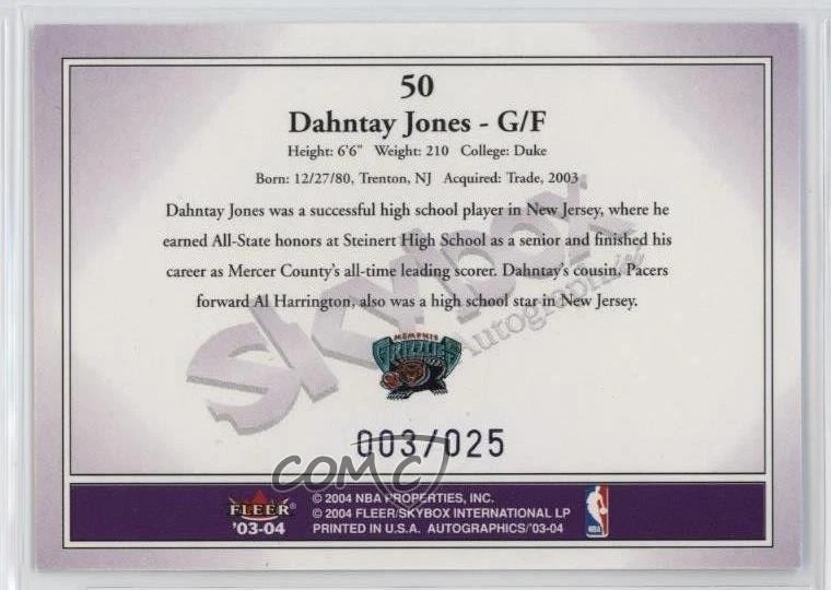 2003 Skybox Autographics Purple Royal Insignia /25 Dahntay Jones #50 Rookie RC - Image 2 of 2