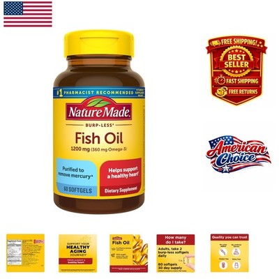 Heart Health Focus: Burp Less Fish Oil 1200 mg Softgels - 60 Unflavored Capsules