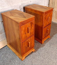 Art Deco Style Matching Pair Wooden Bedside Cabinets, 2 Drawers, Brown 66cm