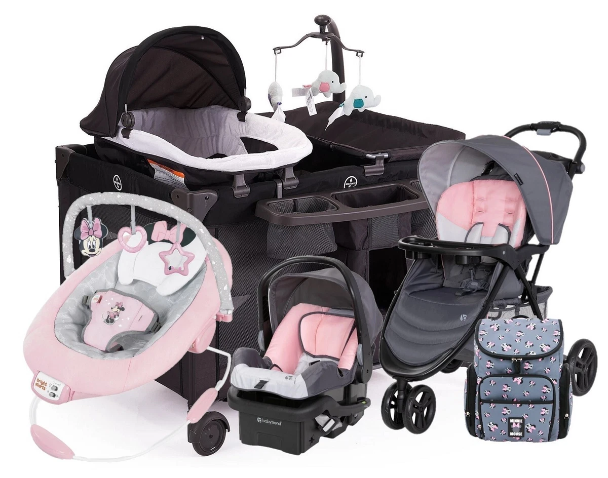 Baby Girl Pink Combo Stroller With Car Seat Playard Diaper Bag Baby Bouncer  Set