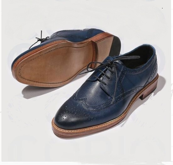 Handmade Men Blue Leather Brogue Shoes, Blue Formal Dress Shoes