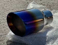 Single Round Slant Cut Exhaust Tip Blue Burnt Flame Auto Product Makers NT-2579