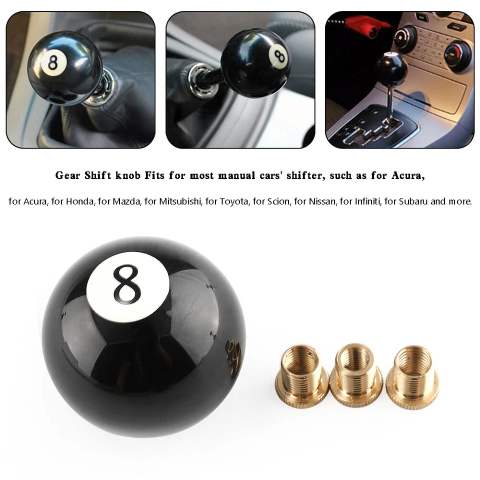 Universal No.8 Billiard Ball Gear Shifter Black Round Shift Knob w/ 3 Adapters Foto 4 de 4
