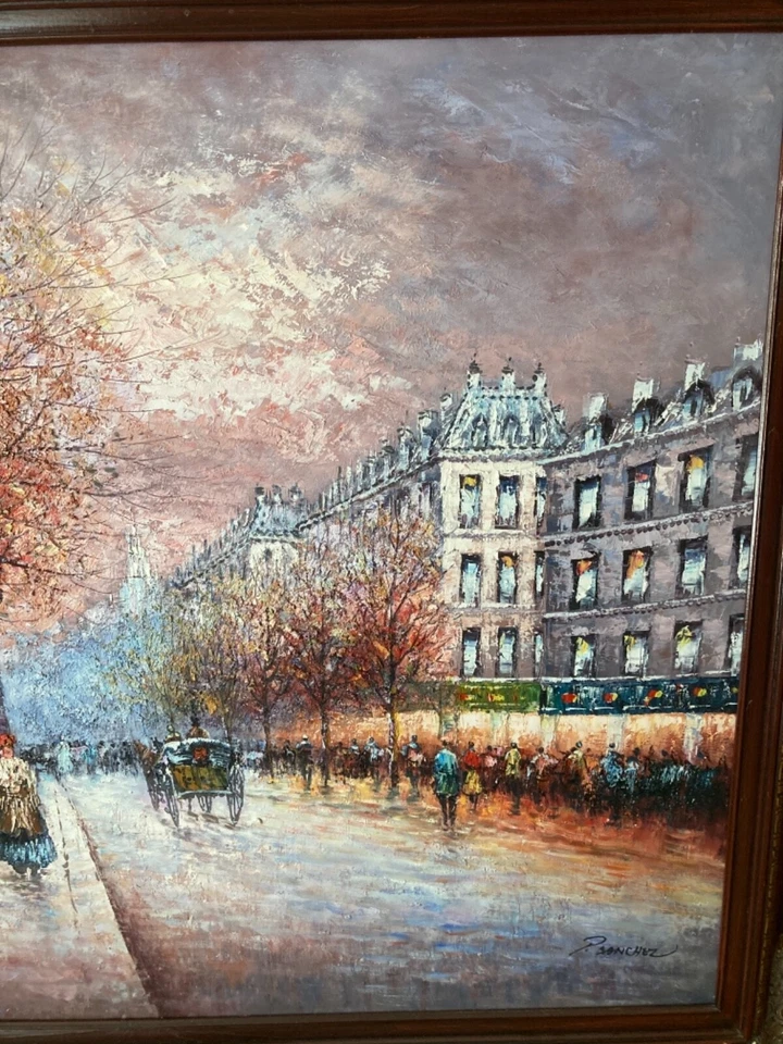 P. Sanchez Signed Victorian Era Paris Street Scene 48”x 36” Oil Painting Framed  - Image 2 of 4