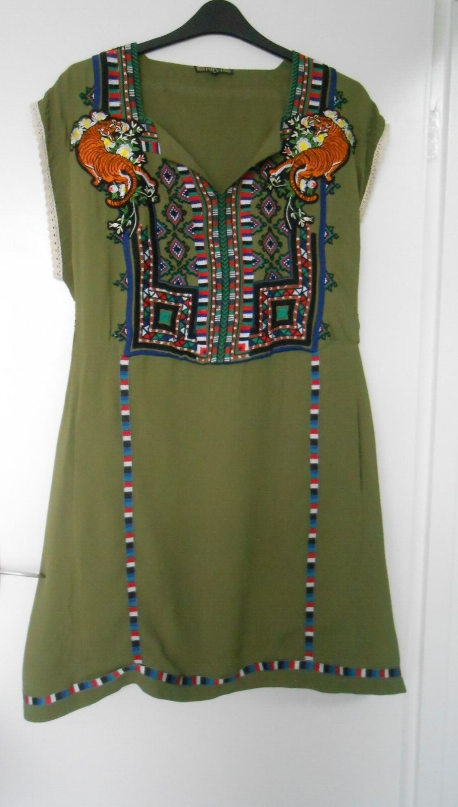 Fab BIBA tiger dress 18 green embroidered lined pockets superb cond