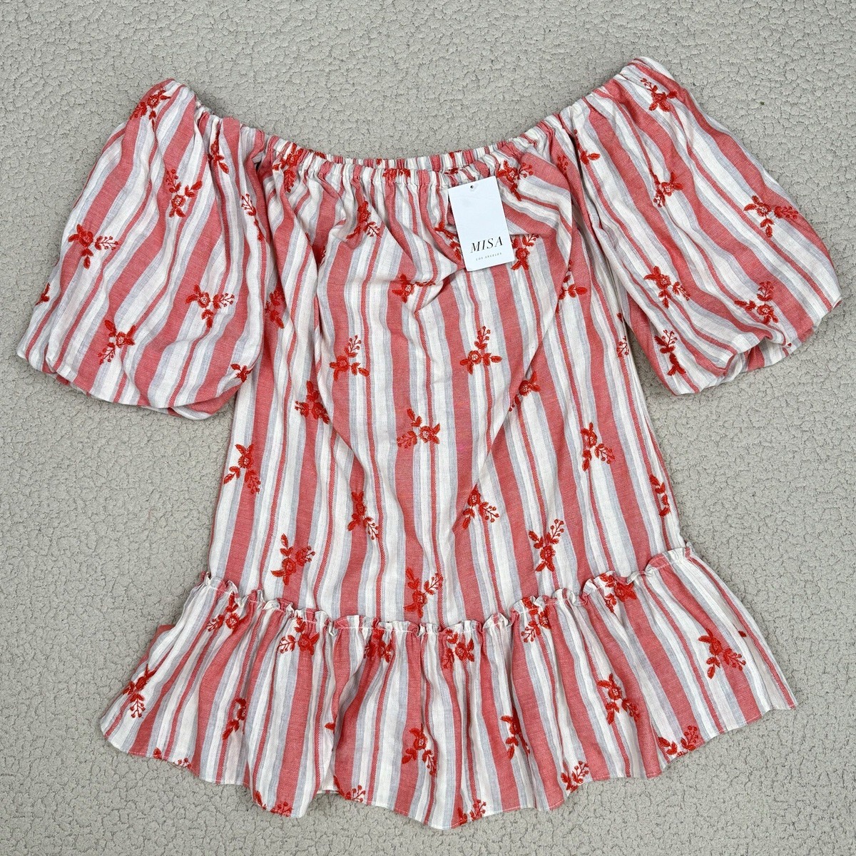 MISA NWT $282 Off Shoulder Stripe Red Ivory Floral Embroidered