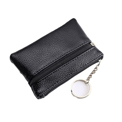 Unisex Black Small Coin Pouch Purse Key Holder Leather Zip Wallet Card Holder - Afbeelding 1 van 21