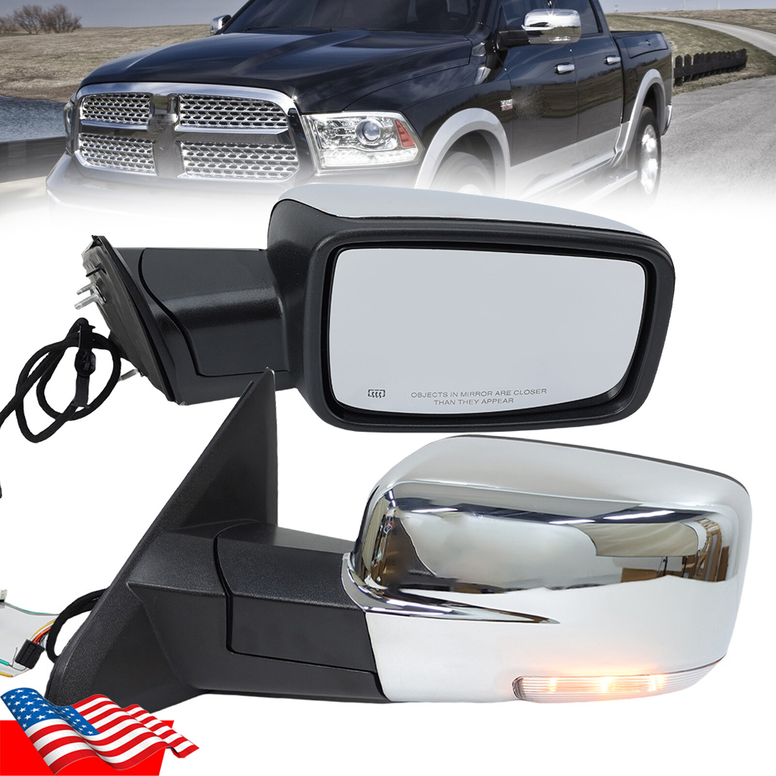 PAIR Power Mirror For Ram 1500 2500 3500 2013-2018 Heated Chrome W/ Puddle Light