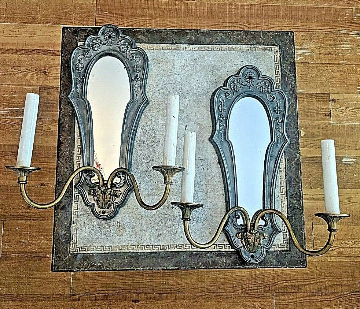 Gorgeous Pair of Antique White Metal & Brass Flowered Mirrored Wall Sconces