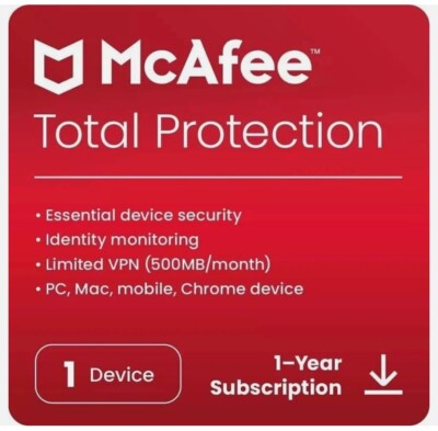 1 year McAfee Total Protection for 1 device ONLY (AUTHENTIC CODE) Fast Delivery