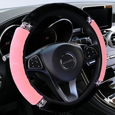 Fluffy Steering Wheel Cover with Colorful Rhinestones Crystal for  Color: Pink