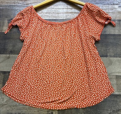 Lascana Off The Shoulder Top 40/42S Orange White Floral Ties Cottagecore Comfort