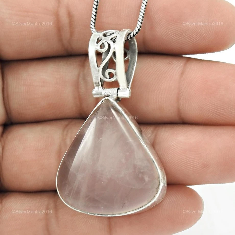 Quarzo Rosa Gemma Vero 925 Argento Sterling Regalo di Natale Ciondolo Gioiello - Immagine 3 di 4