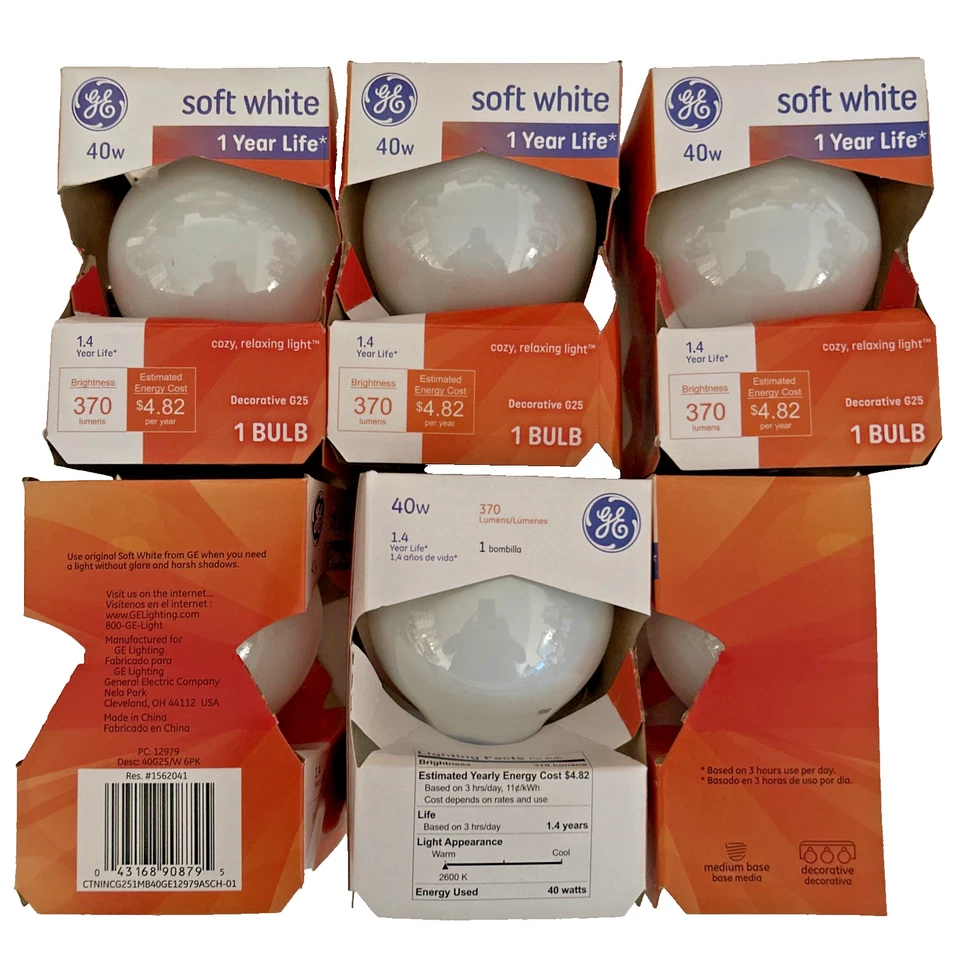 Ge 40w Soft White 370 Lumen Decorative Vanity G 25 Globe Shape E26 screw 6 Bulbs - Image 2 of 4