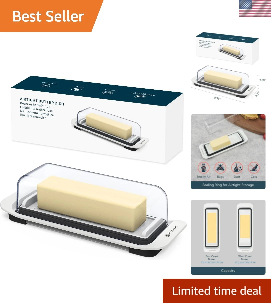 Airtight Butter Dish with Lid for Countertop and Refrigerator Door Shelf, But...